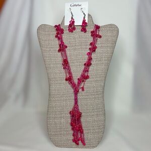 Fuchsia Glass Bead Tassel Necklace and Earring Set